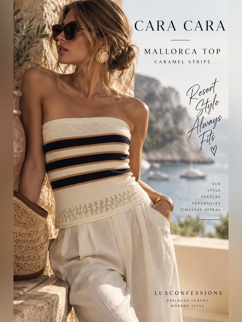 Cara Cara Mallorca Caramel Stripe Pointelle Knit Strapless Top size Large